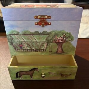 Vintage Equestrian trinket music box with four drawers, a mirror, storage on top